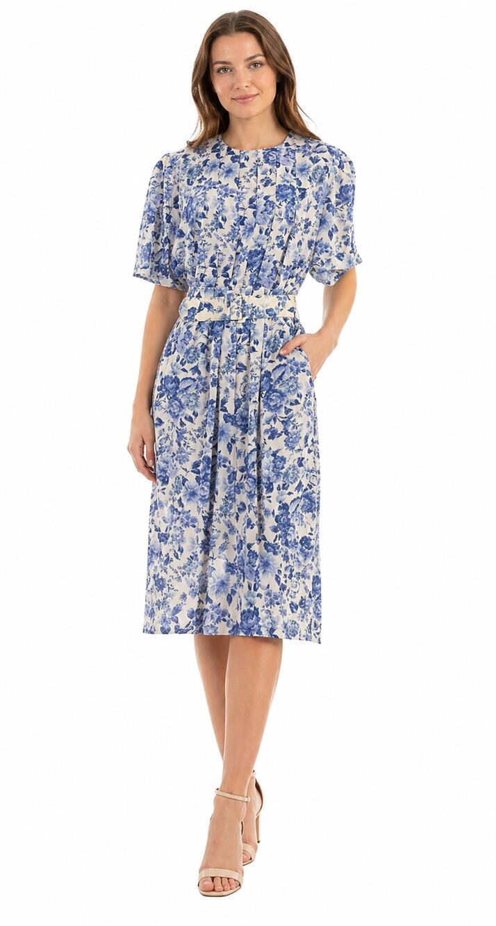 Vintage 90s Womens 12 Karin Stevens Blue Floral Rayon Midi Dress Belted
